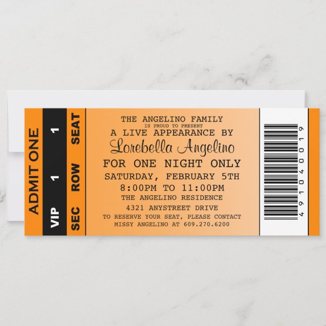 The VIP Ticket Birthday Invitation (Orange) (Front)