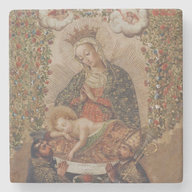 The Virgin Adoring the Christ Child Christmas Stone Coaster (Front)