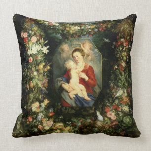 The Virgin and child in a garland of fruit and flo Throw Pillow