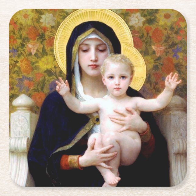 The Virgin of the Lily, Bouguereau Square Paper Coaster (Front)
