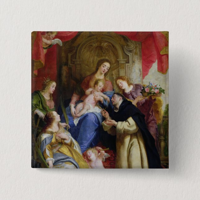 The Virgin Offering the Rosary 2 Inch Square Button (Front)