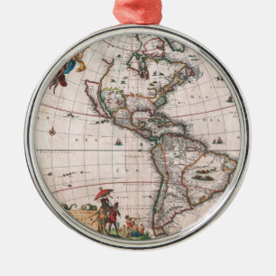 The Visscher map of the New World Metal Ornament