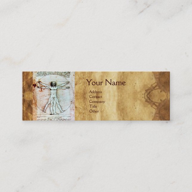 THE VITRUVIAN MAN , Antique Brown Parchment Mini Business Card (Front)