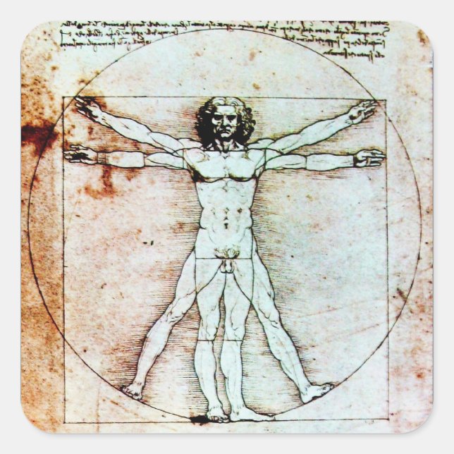 THE VITRUVIAN MAN , Antique Brown Parchment Square Sticker (Front)