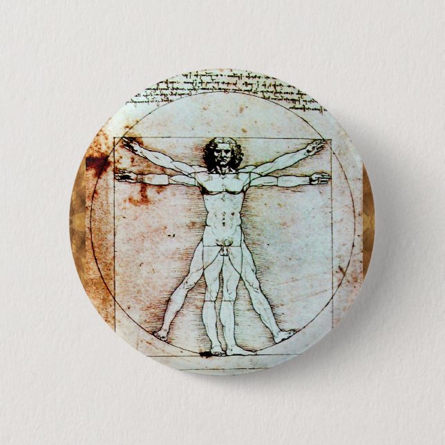 THE VITRUVIAN MAN  Antique  Parchment 2 Inch Round Button (Front)