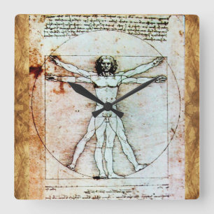 THE VITRUVIAN MAN Antique Parchment Square Wall Clock