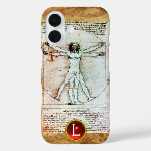 THE VITRUVIAN MAN ,Monogram Red Ruby, Brown iPhone 16 Case