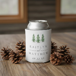 The Watercolor Pine Tree Forest Wedding Collection Can Cooler