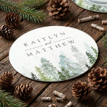The Watercolor Pine Tree Forest Wedding Collection Round Paper Coaster<br><div class="desc">Celebrate in style with these rustic and very trendy wedding coasters. The design is easy to personalize with your own wording and your family and friends will be thrilled when they see these fabulous coasters. Matching items can be found in the collection.</div>
