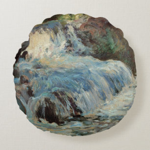 The Waterfall by Twachtman, Vintage Impressionism Round Pillow