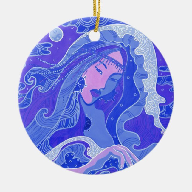 The Wave, Mermaid, Asian Girl, blue & pink Ceramic Ornament (Front)