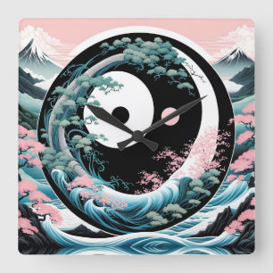 The Wave Pink Sage Teal Square Wall Clock