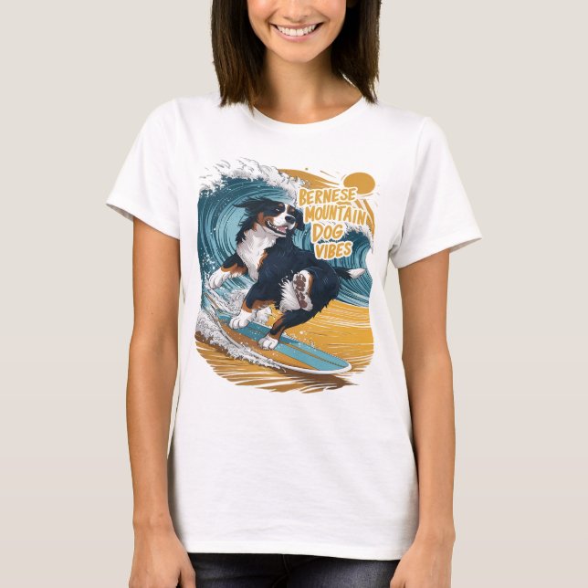 The Wave Rider Bernese Mountain Dog Surfing T-Shirt (Front)