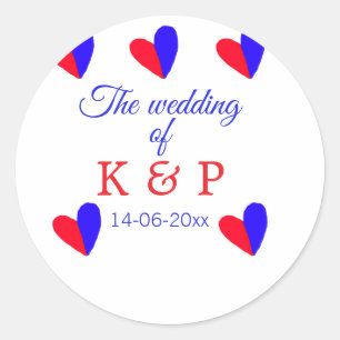 The wedding of add couple name initial letter date classic round sticker