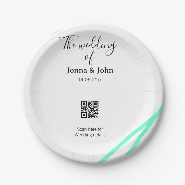 The wedding of add couple name QR code scan detail Paper Plate (Front)