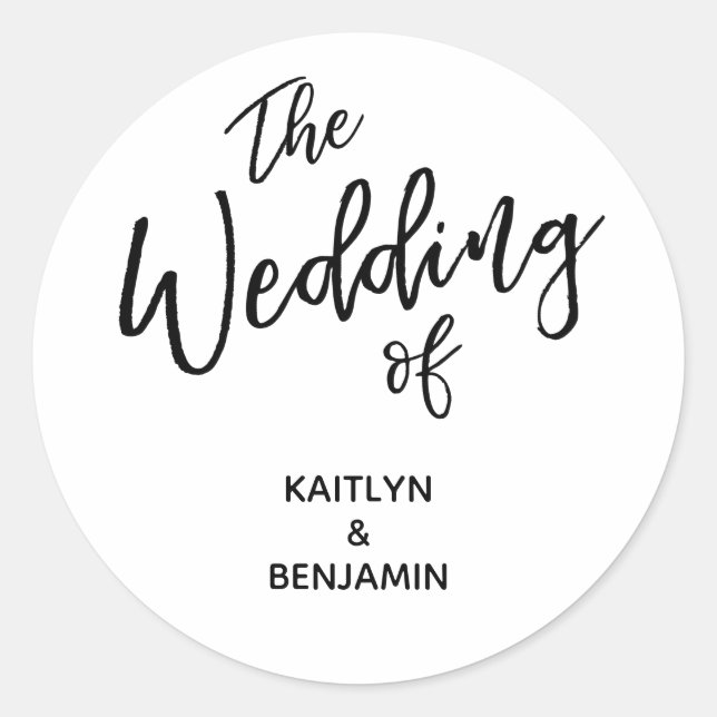 "The Wedding of" Modern Handwriting Typography Classic Round Sticker (Front)