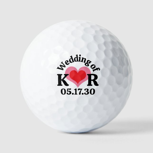 THE WEDDING OF Monogram Initials & Pink Red Heart Golf Balls (Front)