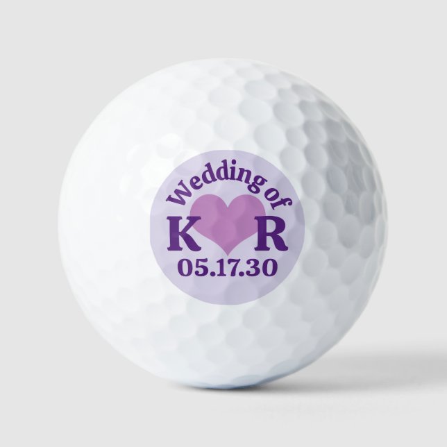 THE WEDDING OF Purple Heart & Monogram Initials Golf Balls (Front)
