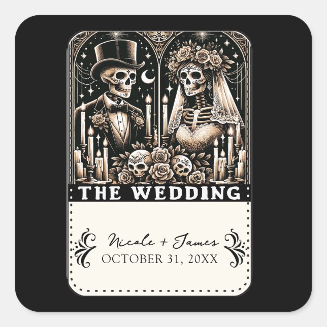 THE WEDDING Tarot Skeletons Bride & Groom Square Sticker (Front)
