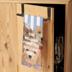 'The Welcome Committee Has Four Paws' Blue White Kitchen Towel
