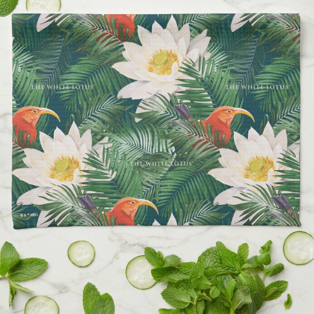 The White Lotus Tropical Birds & Lotus Pattern Kitchen Towel (Folded)
