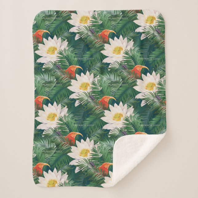 The White Lotus Tropical Birds & Lotus Pattern Sherpa Blanket (Front)