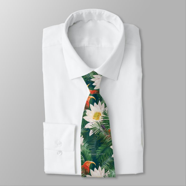 The White Lotus Tropical Birds & Lotus Pattern Tie (Tied)