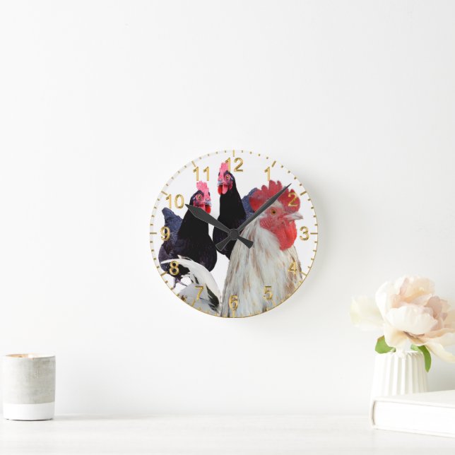  "The White Rooster and His Black Hens" Round Clock (Home)