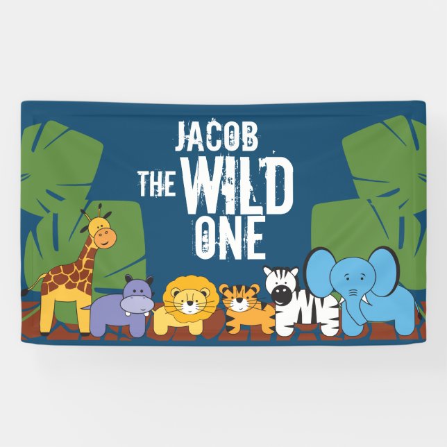 The Wild one Dark Blue background Birthday Safari Banner (Horizontal)