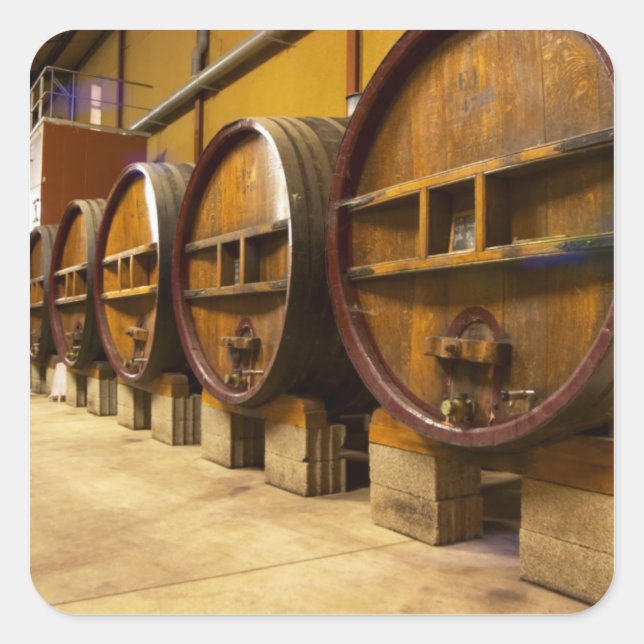 The wine cellar winery with big old wooden casks square sticker (Front)
