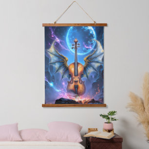 The Winged Violin of Moonlit Realms Hanging Tapestry