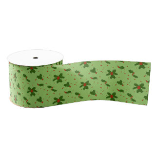 The Winter: Happy Holly Days Pattern on Green Grosgrain Ribbon
