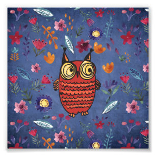 The wise bird owl in flower garden photo print