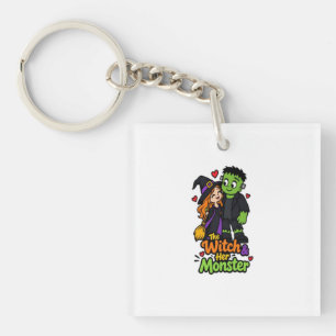 The Witch and Her Monster Cute Halloween Couple T- Keychain