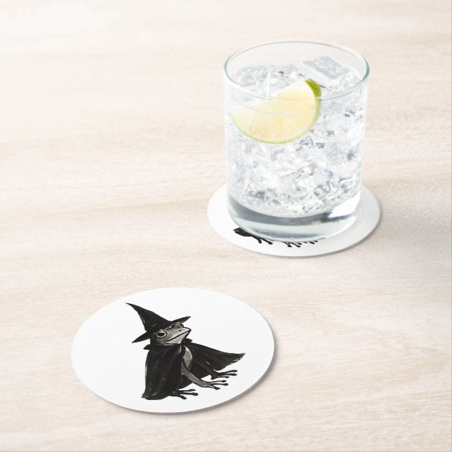 The Witch Frog – Ink Brush Halloween Design on Round Paper Coaster (Insitu)
