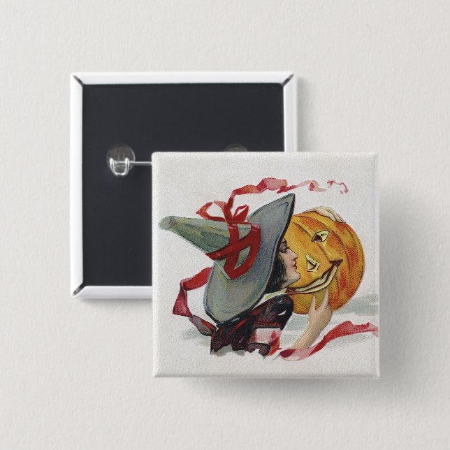 The Witch's Kiss: a Jack o Lantern on Halloween 2 Inch Square Button (Front & Back)