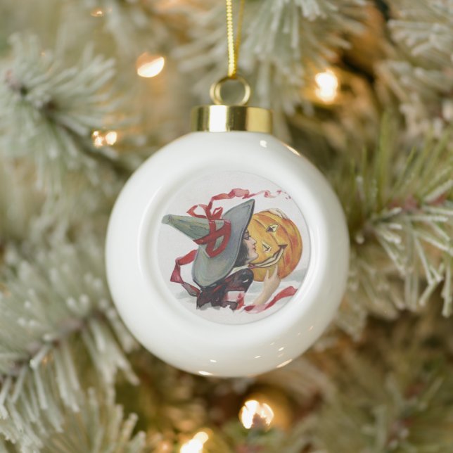 The Witch's Kiss: a Jack o Lantern on Halloween Ceramic Ball Christmas Ornament (Tree)