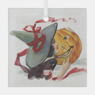 The Witch's Kiss: a Jack o Lantern on Halloween Glass Ornament