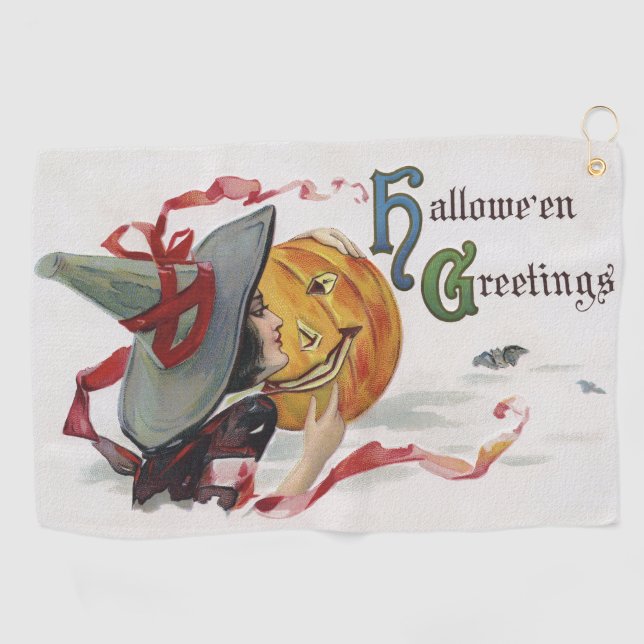 The Witch's Kiss: a Jack o Lantern on Halloween Golf Towel (Horizontal)