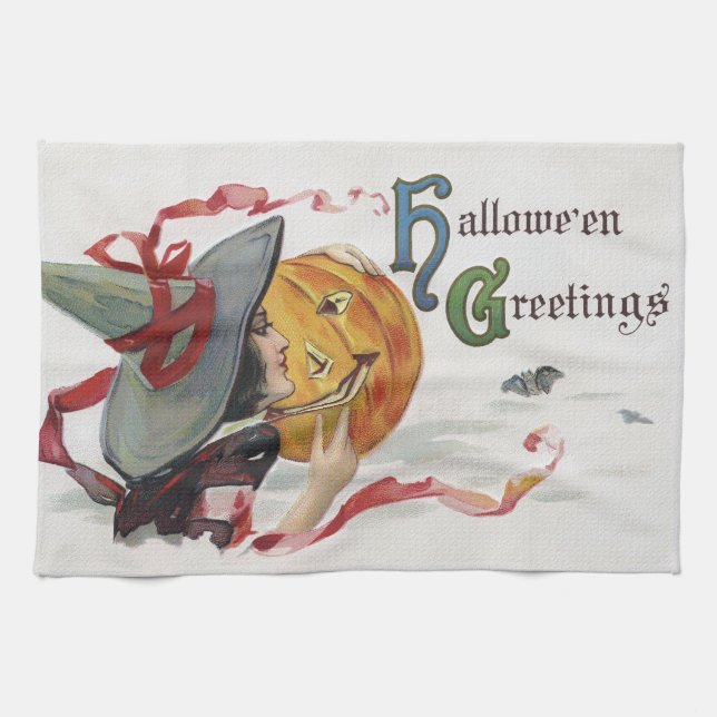 The Witch's Kiss: a Jack o Lantern on Halloween Kitchen Towel (Horizontal)
