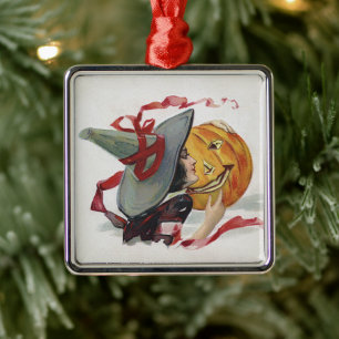 The Witch's Kiss: a Jack o Lantern on Halloween Metal Ornament