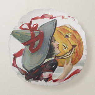 The Witch's Kiss: a Jack o Lantern on Halloween Round Pillow