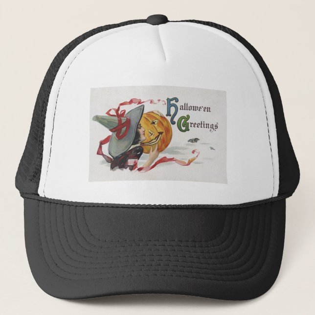 The Witch's Kiss: a Jack o Lantern on Halloween Trucker Hat (Front)