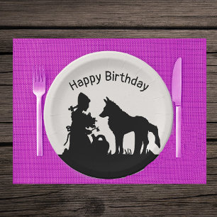 The Wolf With Red Riding Hood Black Silhouette Paper Plate