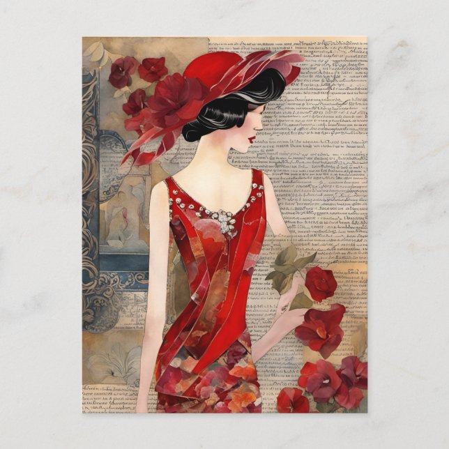 The Woman in a red dress collage Postcard (Front)