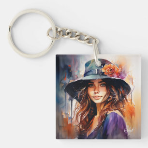 The Woman in the Hat: Portrait of Vibrant Grace Keychain