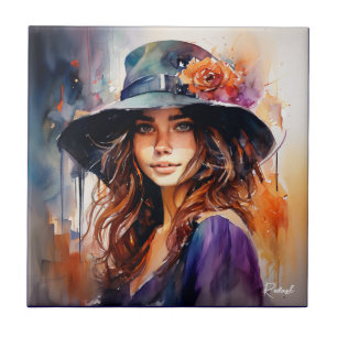 The Woman in the Hat: Portrait of Vibrant Grace Tile