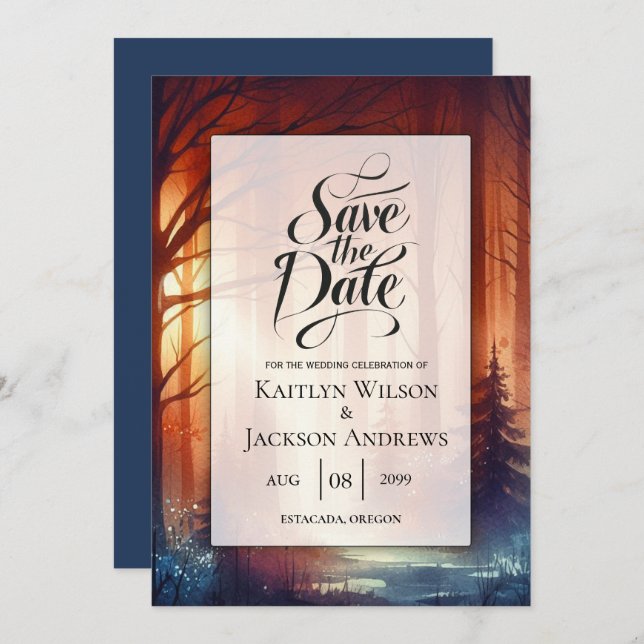 The Woodland Spell of Falling Leaves Wedding Save The Date (Front/Back)