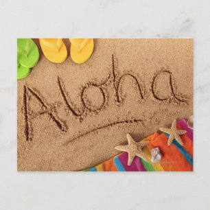 The word Aloha written on a sandy beach, with 2 Postcard