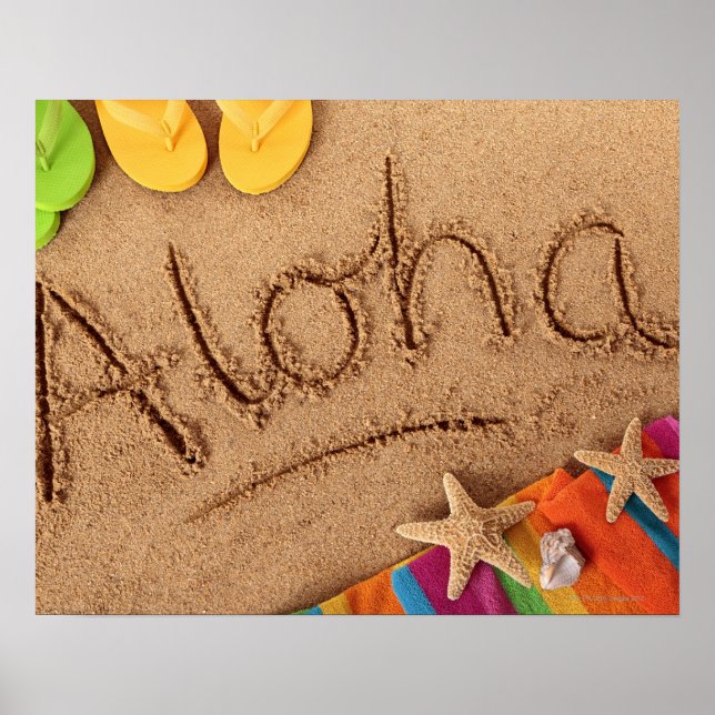 The word Aloha written on a sandy beach, with 2 Poster (Front)